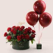 Grande Red Round Box Love Bundle – Roses & Balloons – The Most Luxurious Gifting Experience