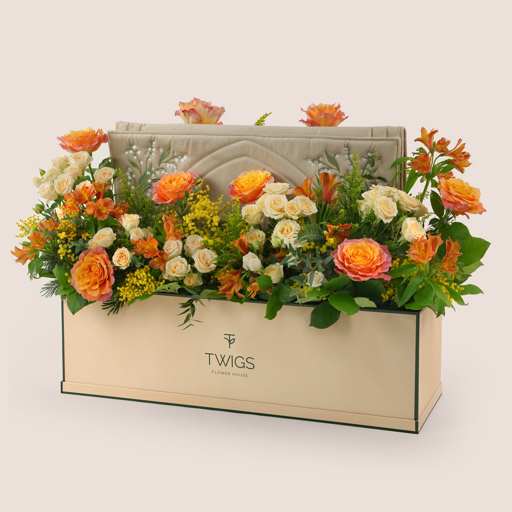 Amber Elegance Ramadan garden box with beige velvety embroidered prayer mat – luxury flower gift UAE
