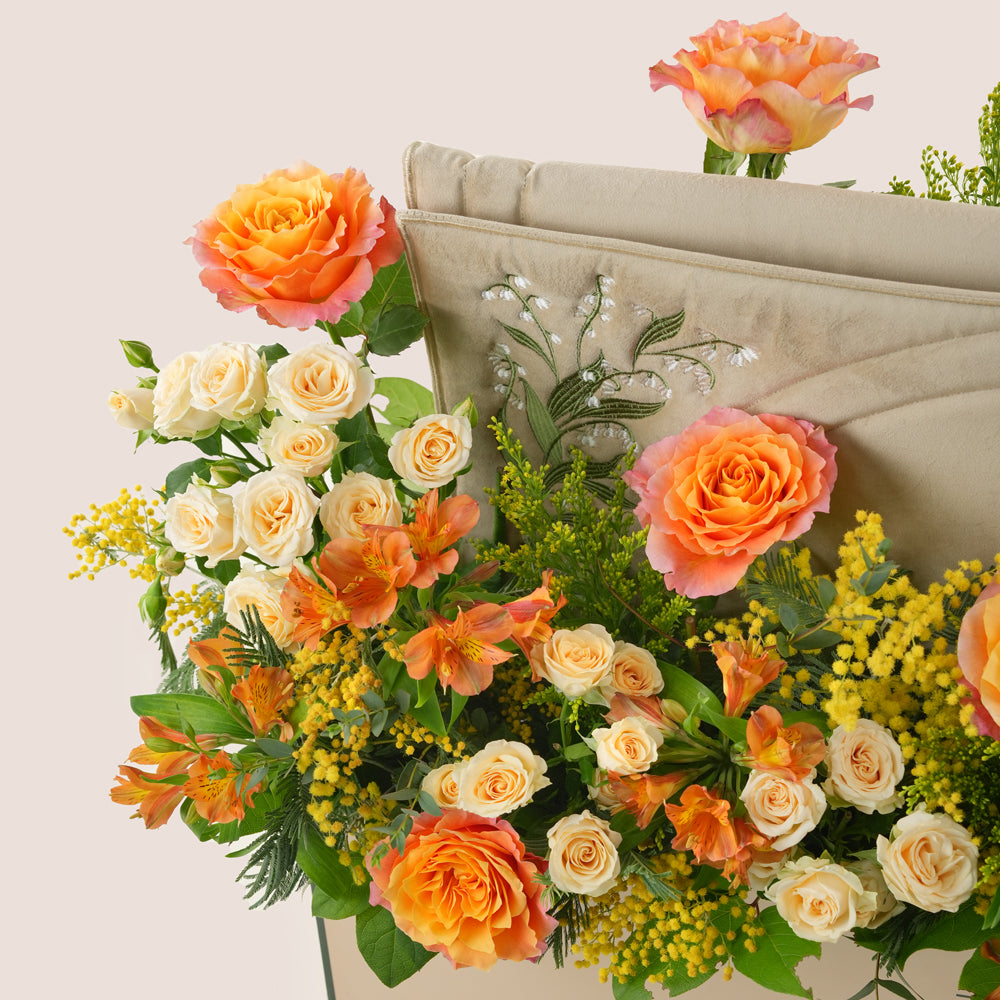 Amber Elegance Ramadan garden box with beige velvety embroidered prayer mat – luxury flower gift UAE