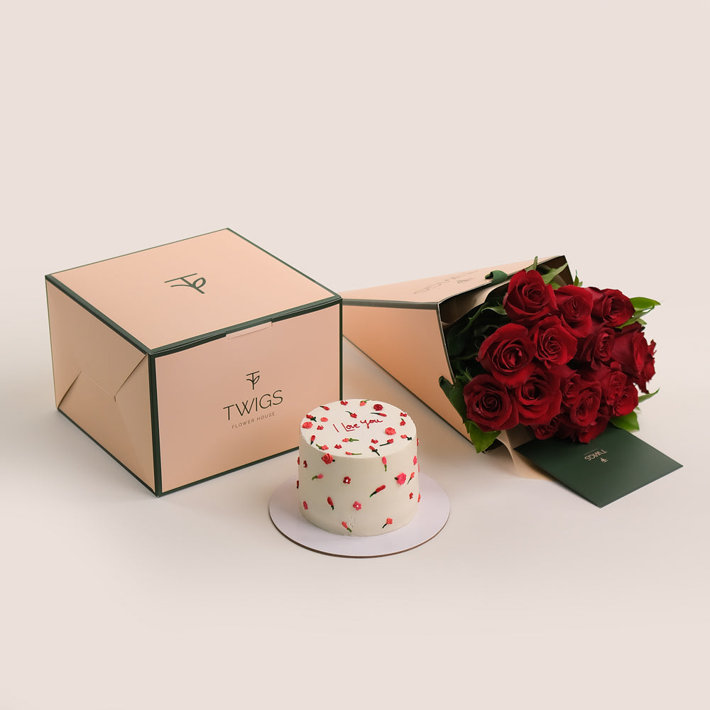 Love Red Roses Bunch and Cake Bundle