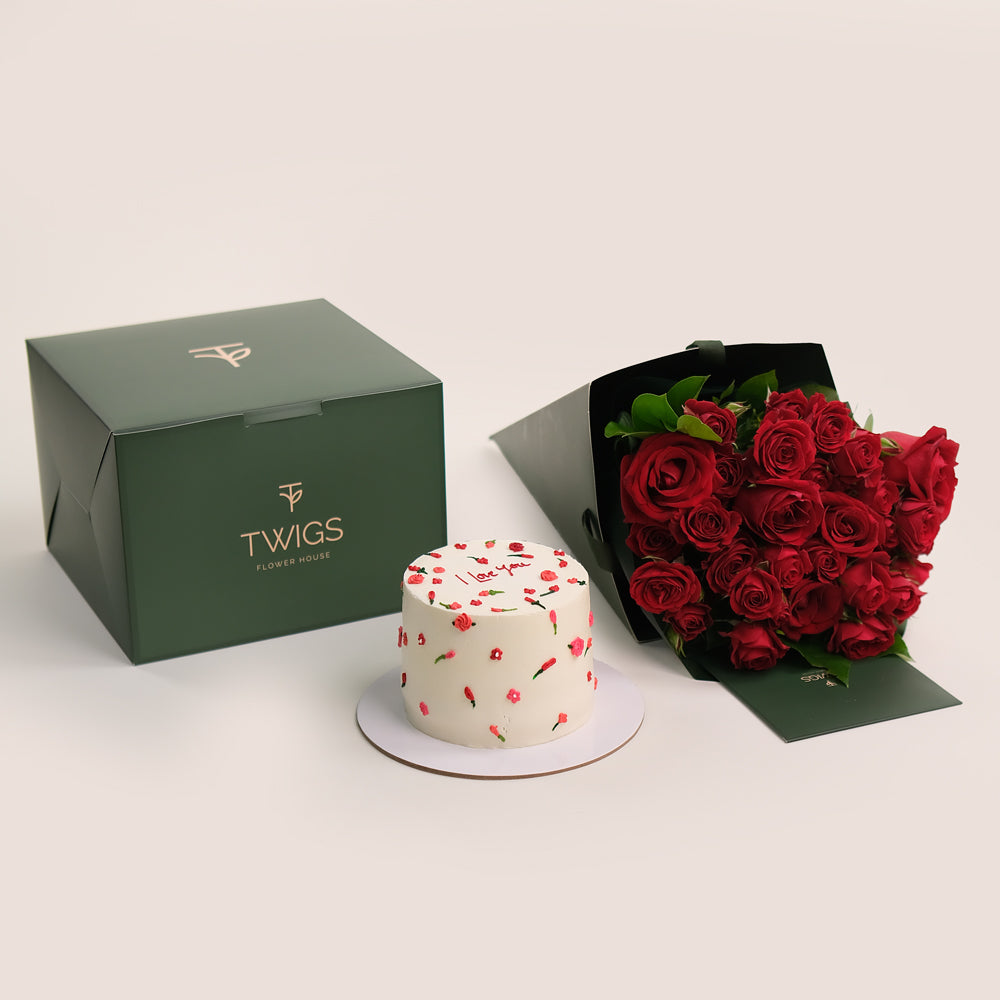 Love Red Roses Bunch and Cake Bundle