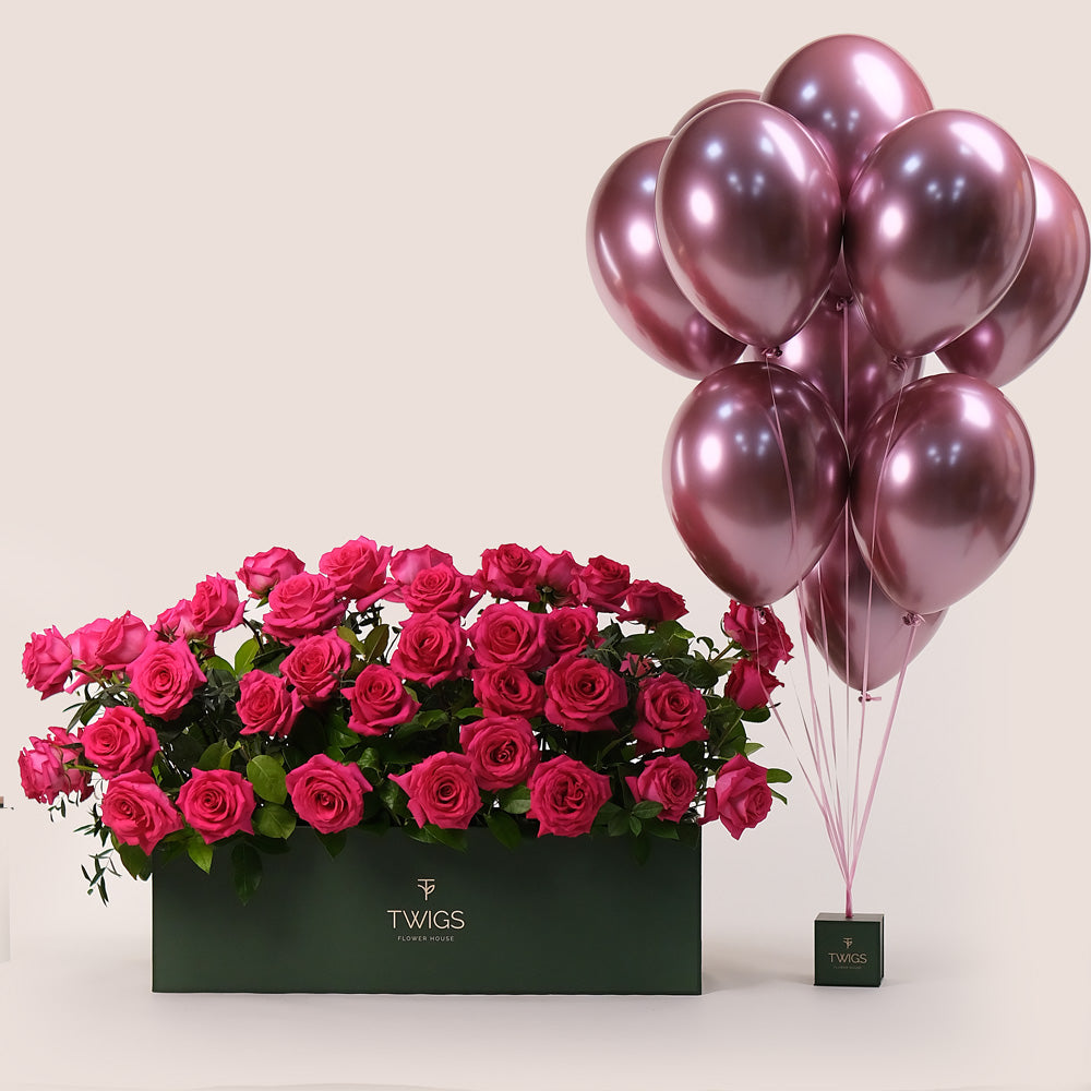 Fuchsia Luxe Garden Bundle – Roses & Balloons– The Most Luxurious Gift for Every Celebration