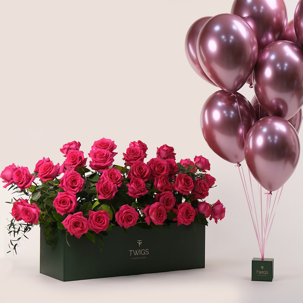 Fuchsia Luxe Garden Bundle – Roses & Balloons– The Most Luxurious Gift for Every Celebration