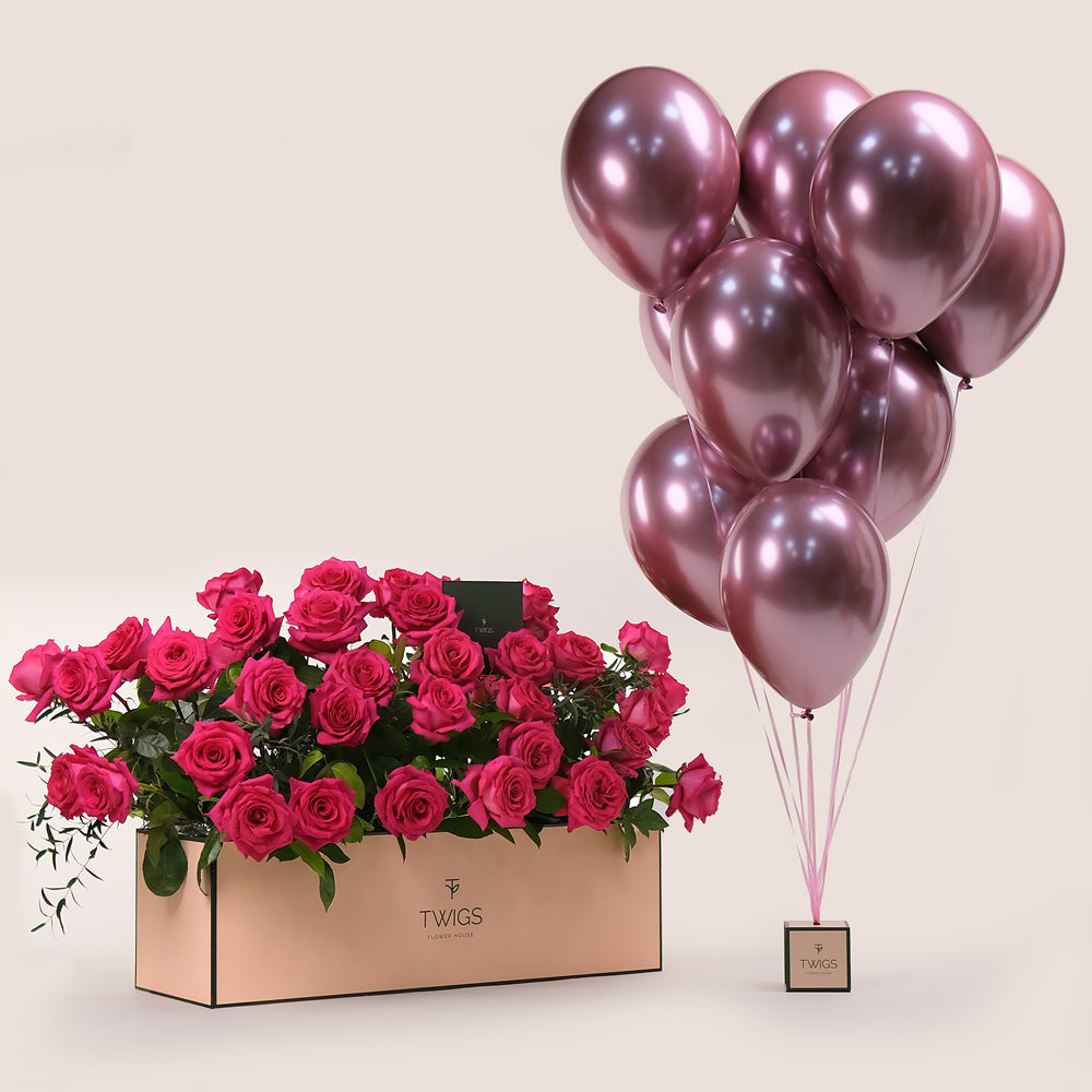 Fuchsia Luxe Garden Bundle – Roses & Balloons– The Most Luxurious Gift for Every Celebration