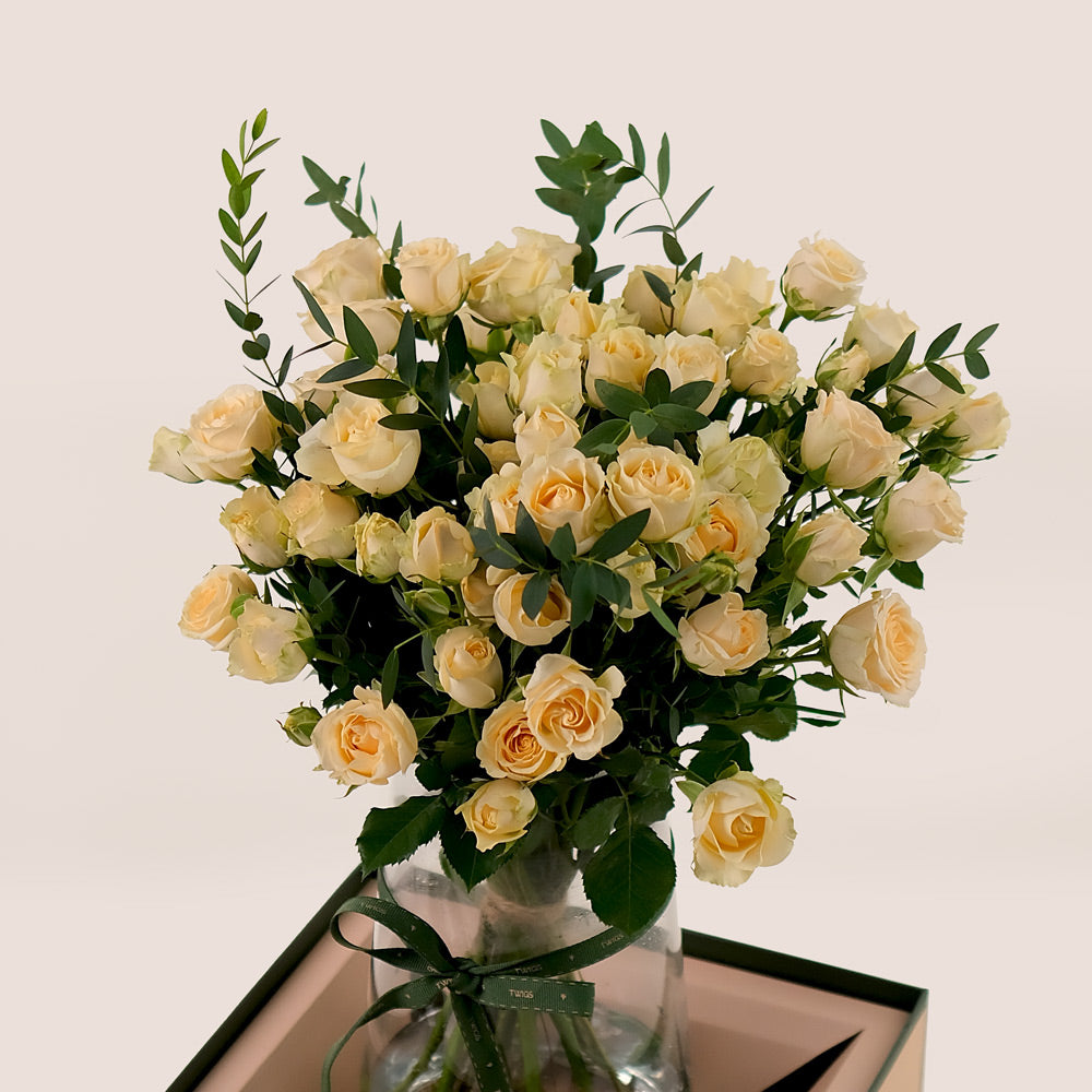 Soft Cream Salinero Roses in Flower Vase – A Dreamy and Elegant Floral Display