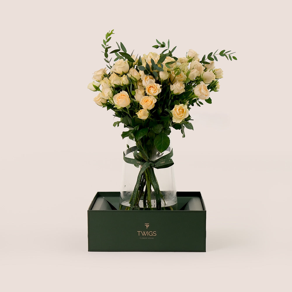 Soft Cream Salinero Roses in Flower Vase – A Dreamy and Elegant Floral Display