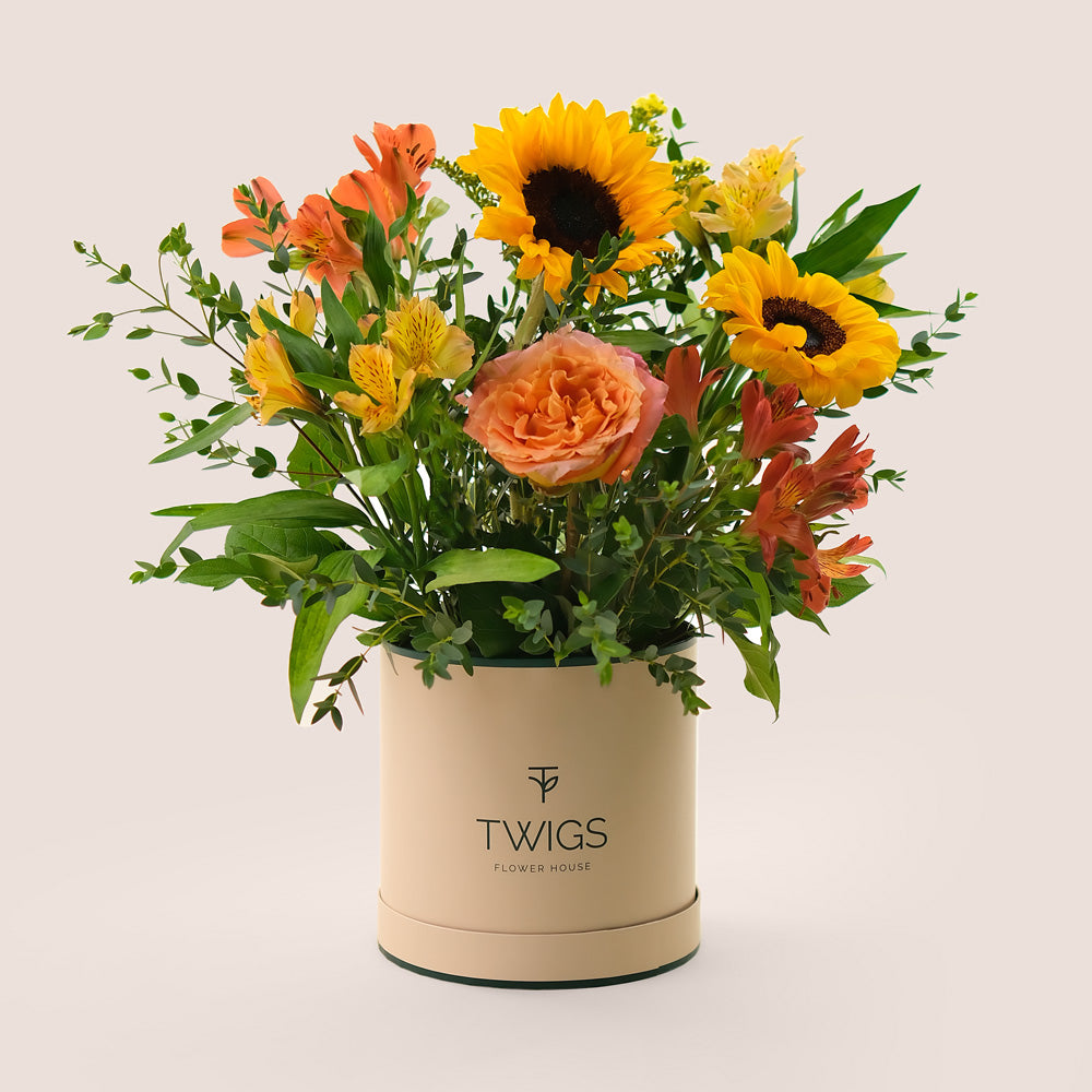 Sunlit Joy Flower Box – Sunflowers & Garden Roses in Deluxe Round Box