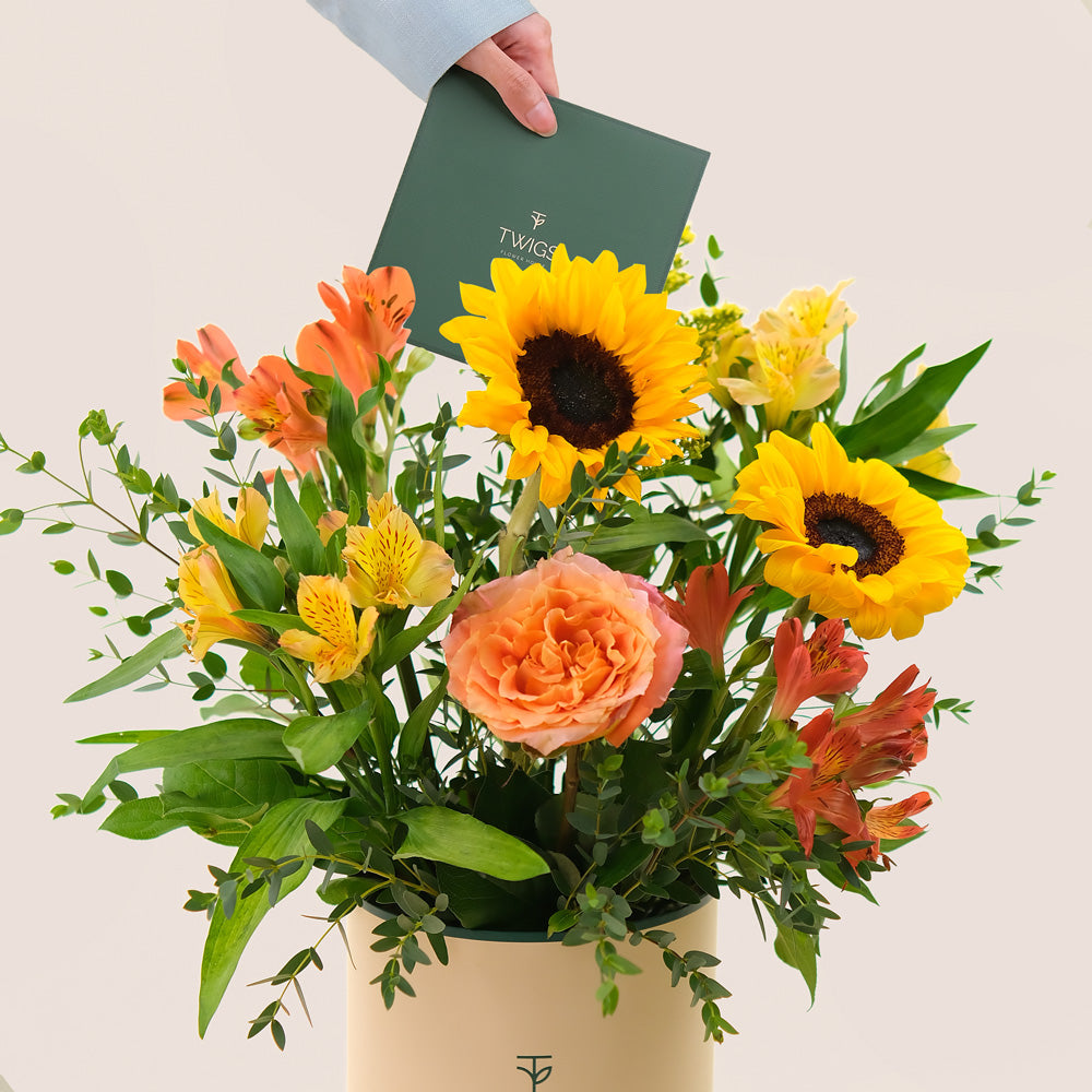 Sunlit Joy Flower Box – Sunflowers & Garden Roses in Deluxe Round Box