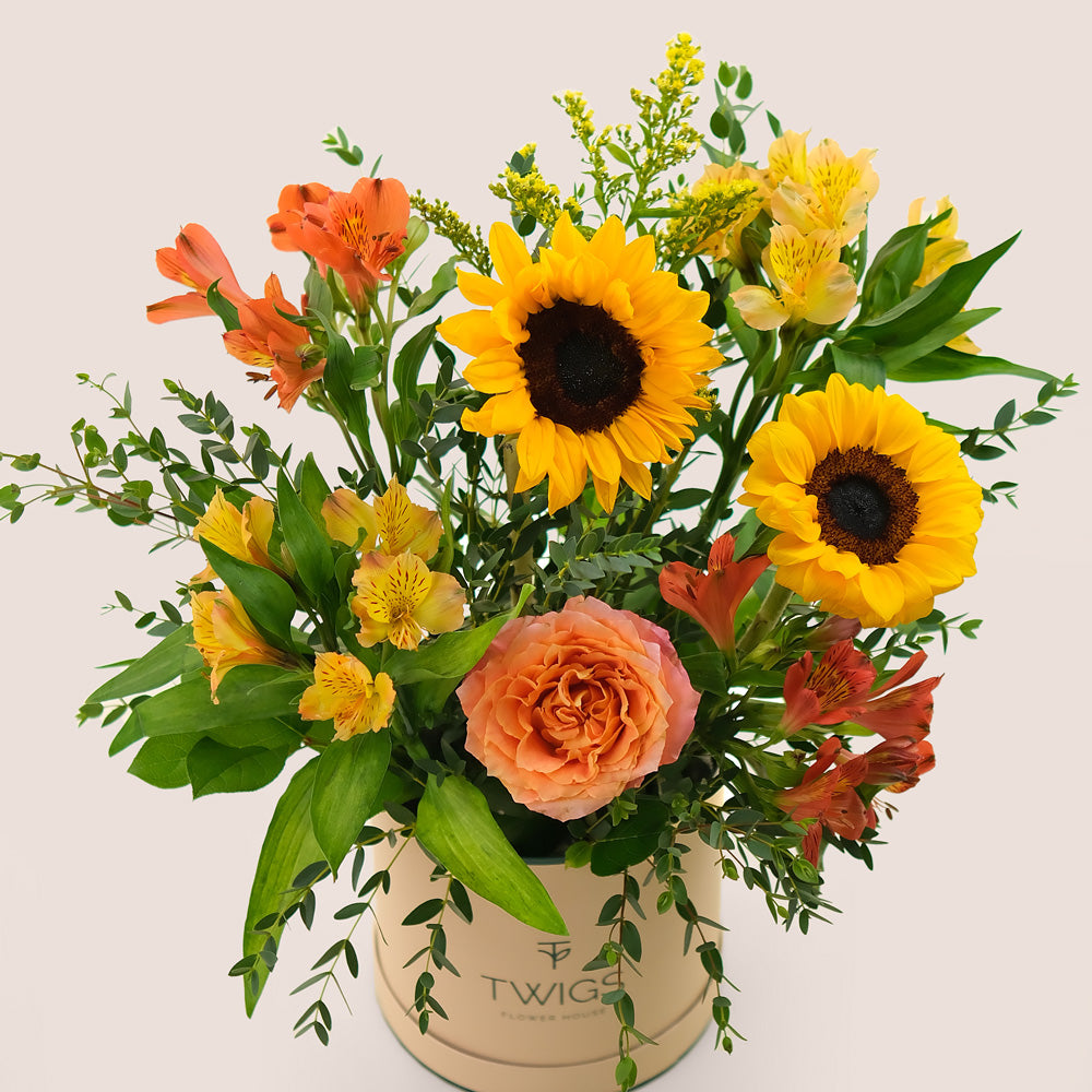 Sunlit Joy Flower Box – Sunflowers & Garden Roses in Deluxe Round Box