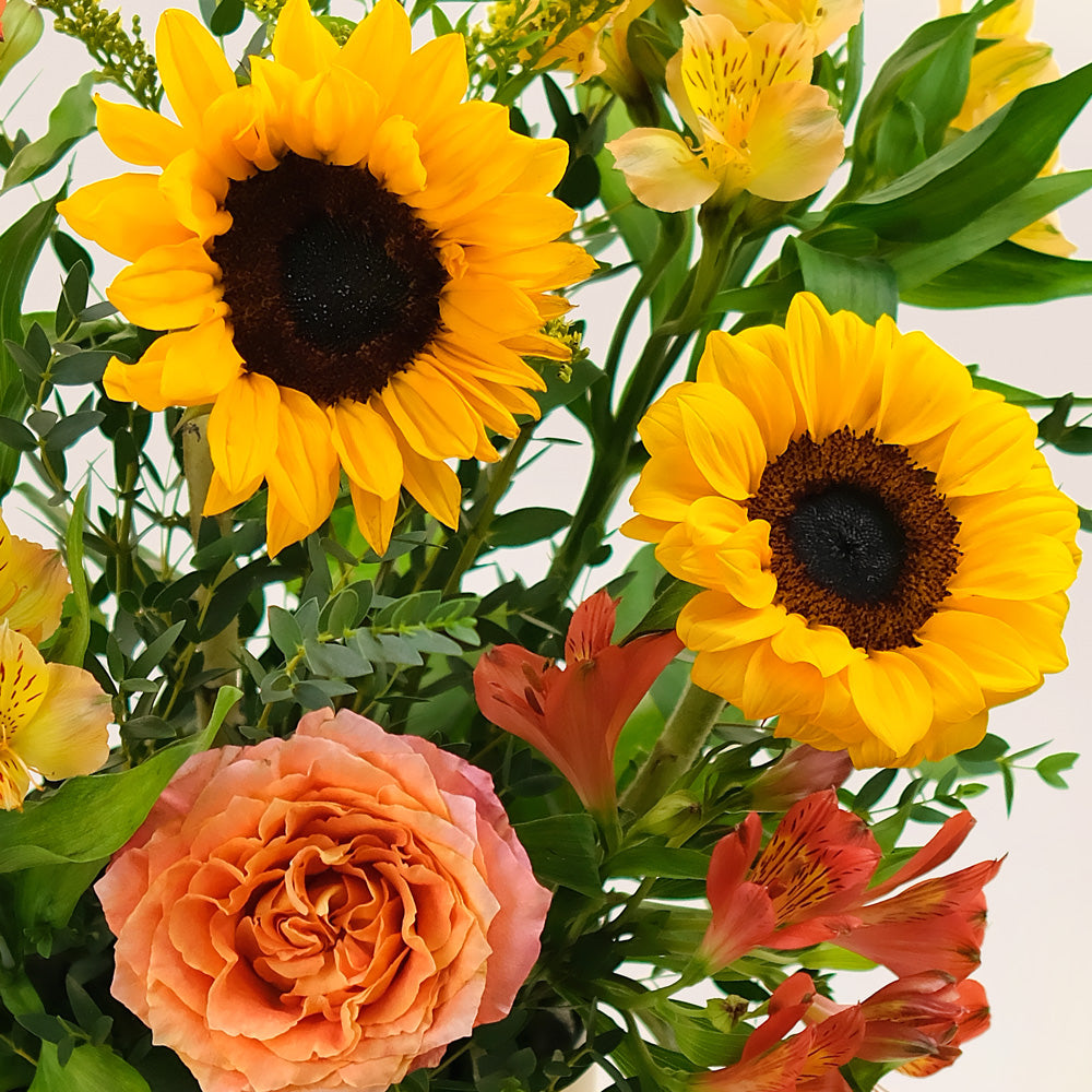 Sunlit Joy Flower Box – Sunflowers & Garden Roses in Deluxe Round Box