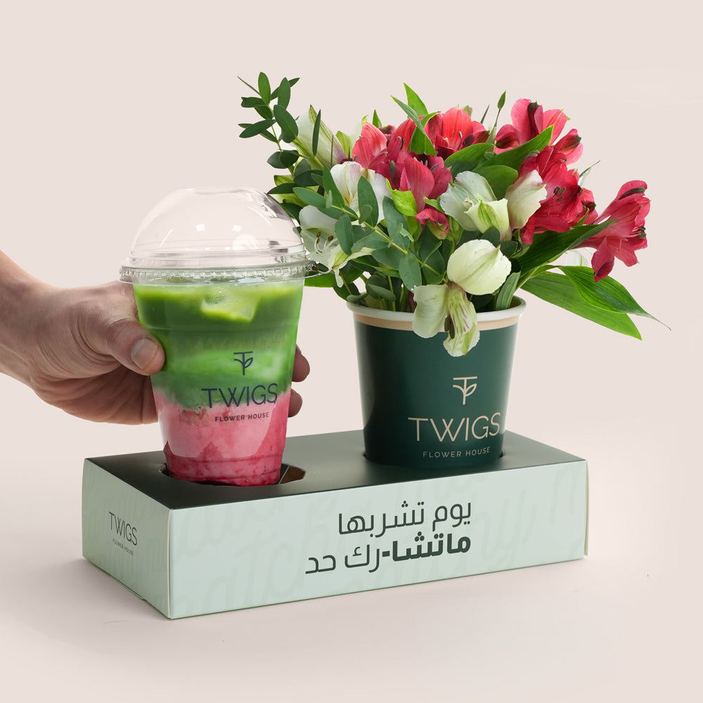 Strawberry Matcha Bloom Duo | Flowers in a Cup with Iced Strawberry Matcha