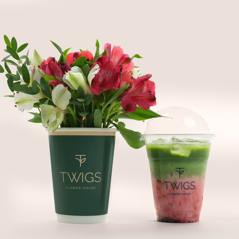 Strawberry Matcha Bloom Duo | Flowers in a Cup with Iced Strawberry Matcha