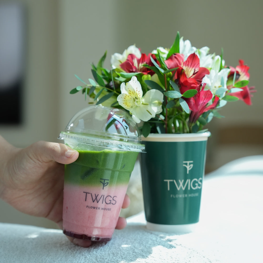 Strawberry Matcha Bloom Duo | Flowers in a Cup with Iced Strawberry Matcha