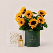 Sunflower deluxe flower box in TWIGS green with Palomino perfume by Lootah