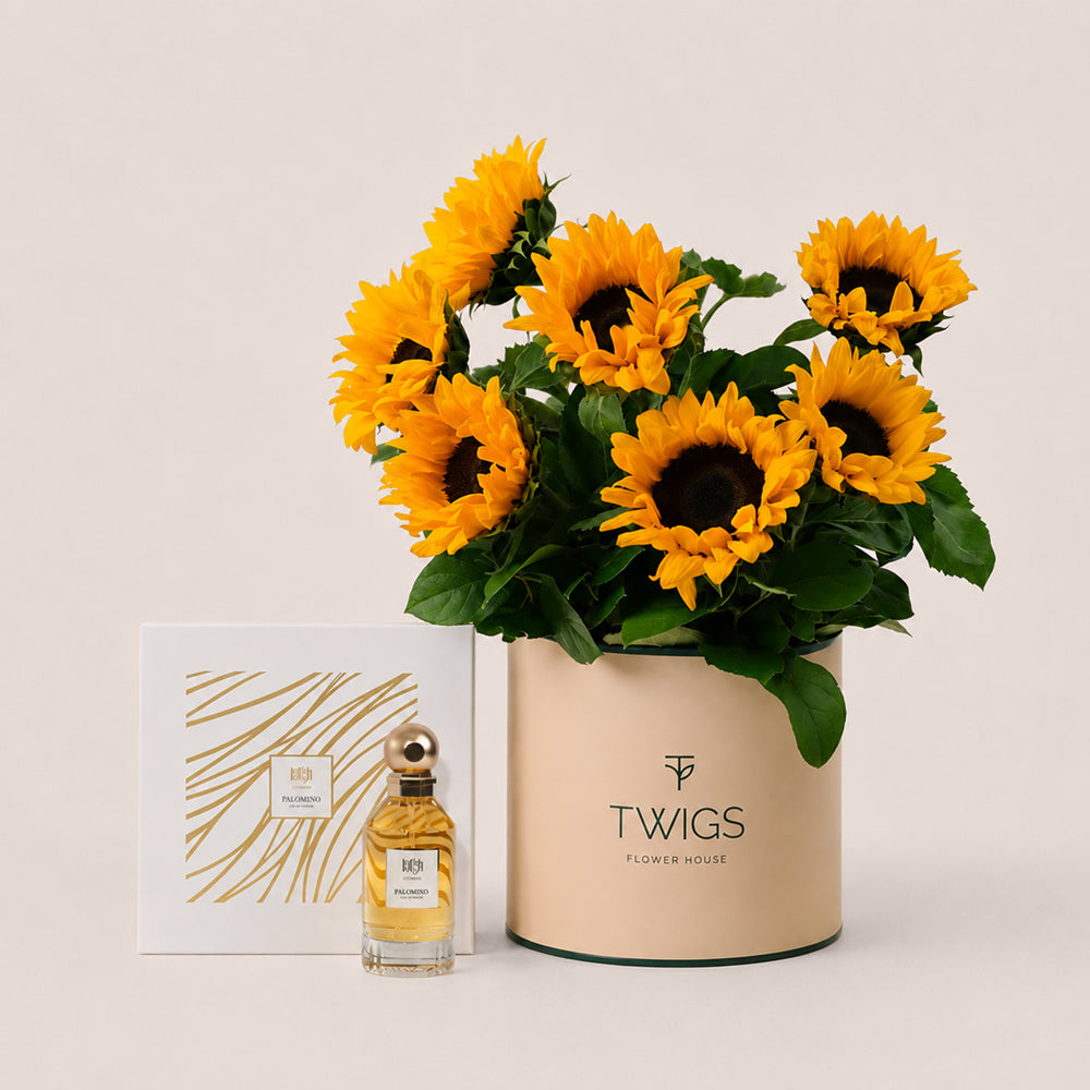 Sunflower deluxe flower box in warm beige with Palomino perfume by Lootah