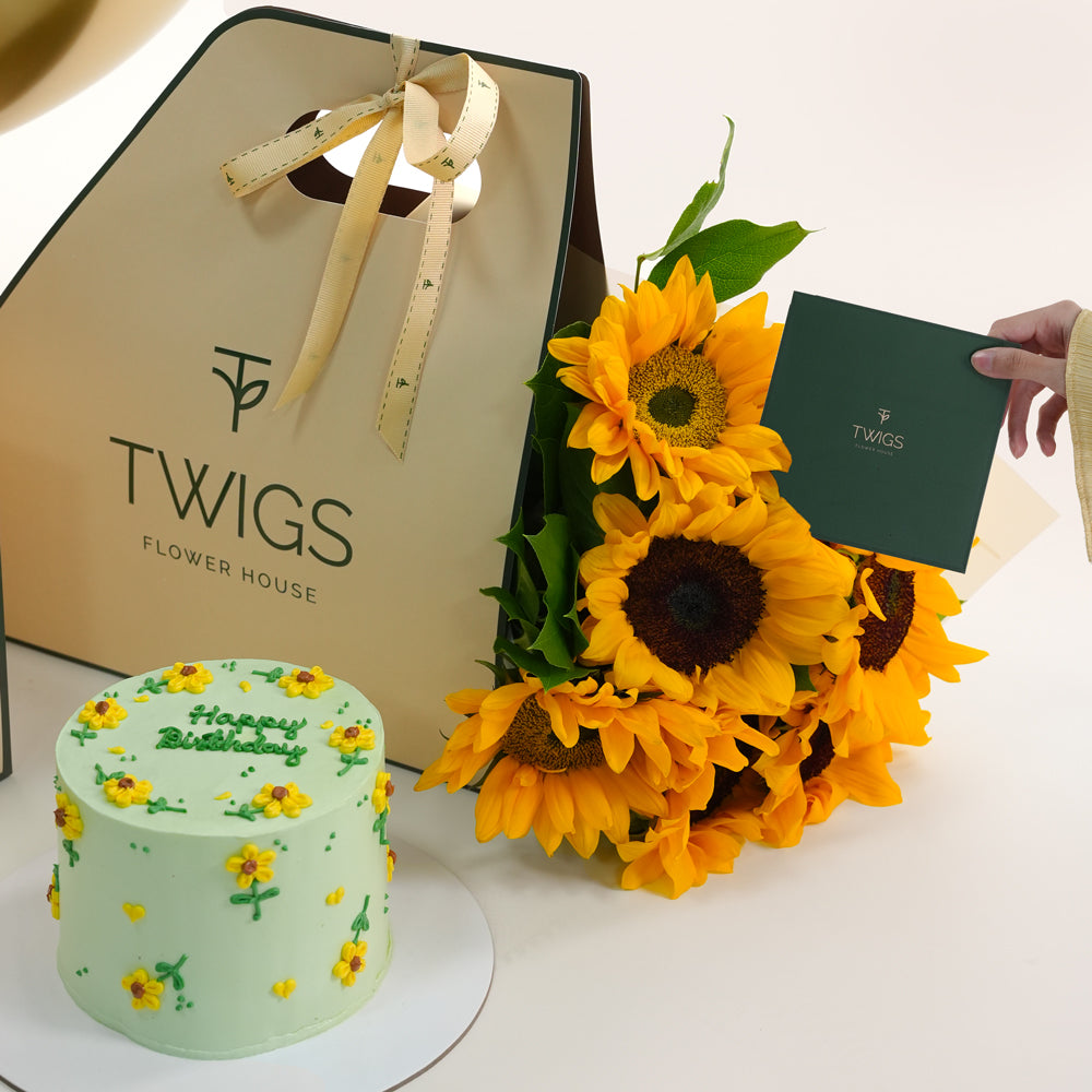 Sunshine Birthday Bundle - Sunflowers, Balloons & Cake Gift Dubai & UAE