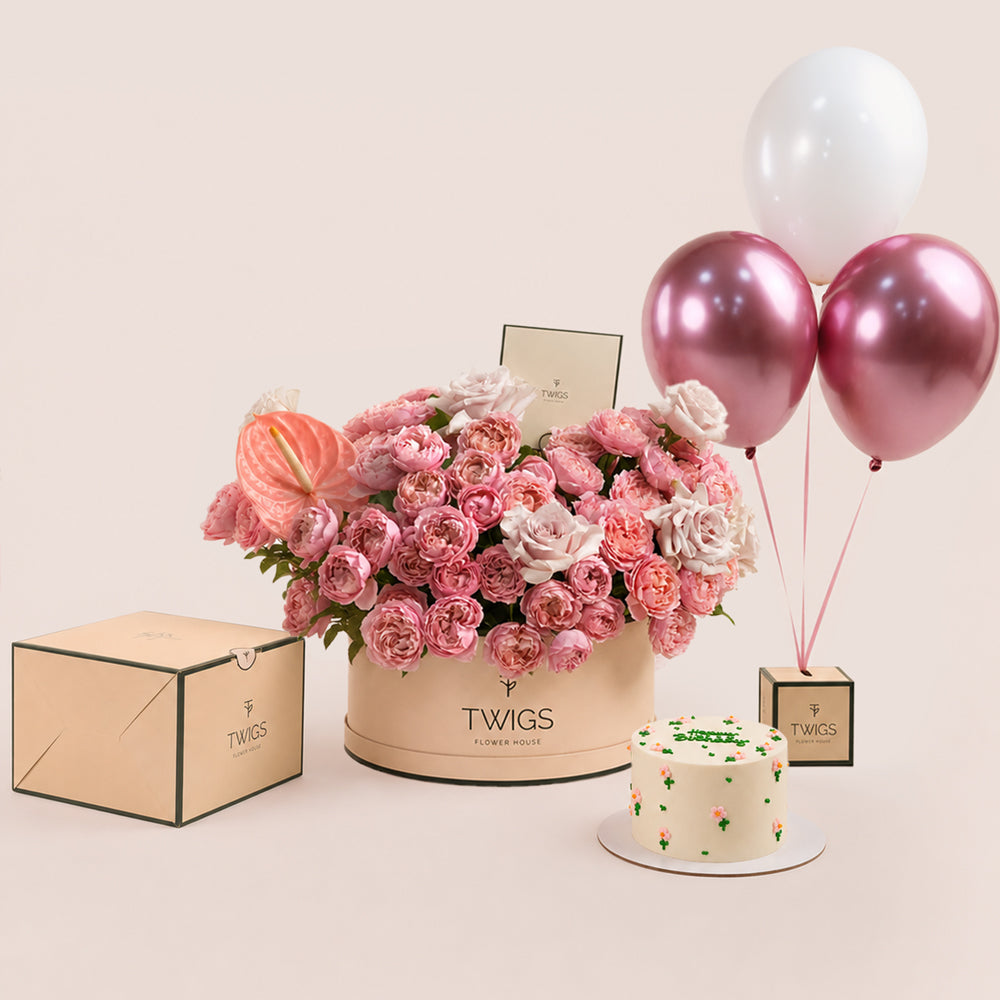 Blush Birthday Bundle in beige box with message card - Grande rose box with Juliet and Quicksand roses, 1kg floral birthday cake, and pink chrome balloons - TWIGS Flower House Dubai