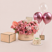 Blush Birthday Bundle · Grande Rose Box, Floral Cake & Balloons