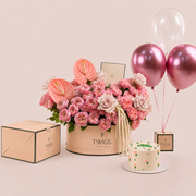 Blush Birthday Bundle · Grande Rose Box, Floral Cake & Balloons