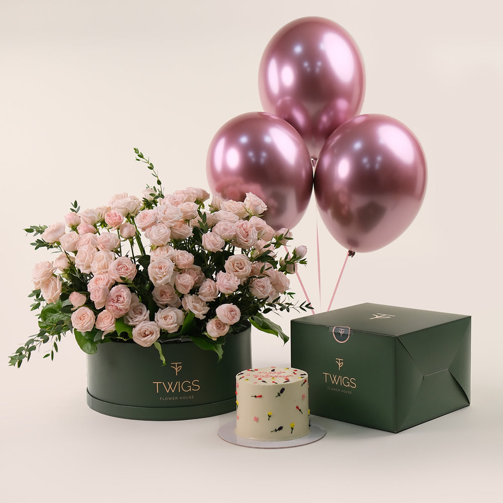 TWIGS FLOWERS WITH CAKE AND BALLOONS BUNDLE