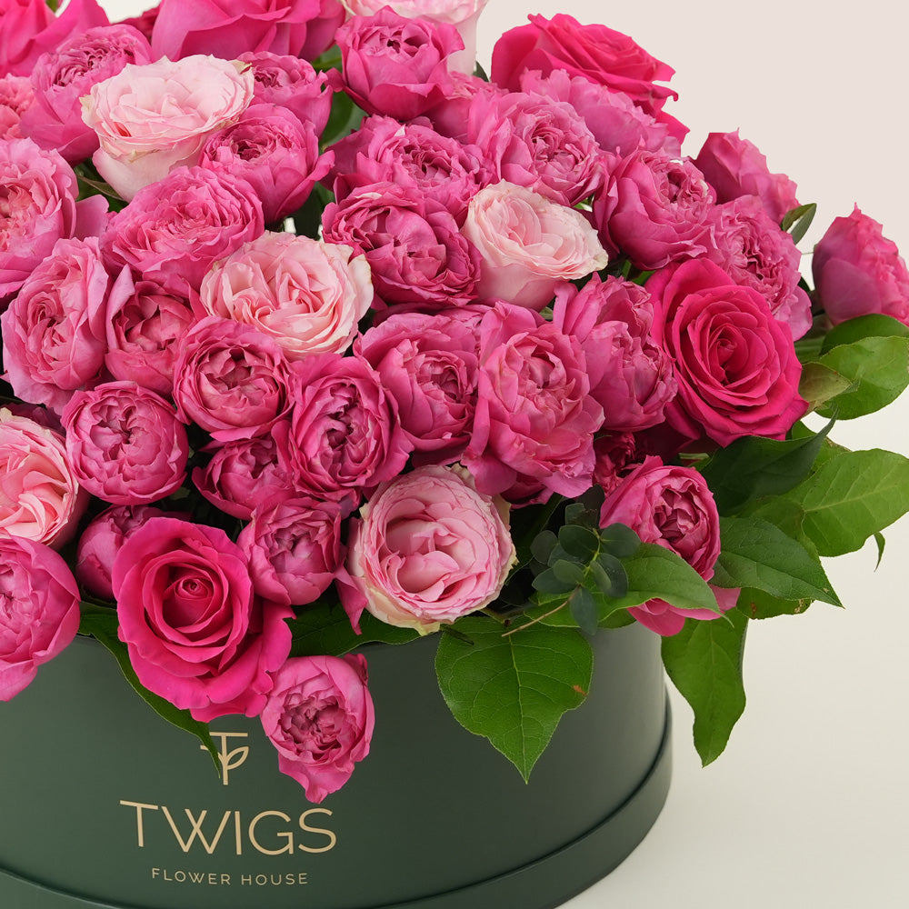 Grande round flower box with fuchsia cerise spray roses, fuchsia Ecuador garden roses, and light pink garden roses in TWIGS beige or green packaging, available for same day flower delivery in Dubai when you buy flowers online.