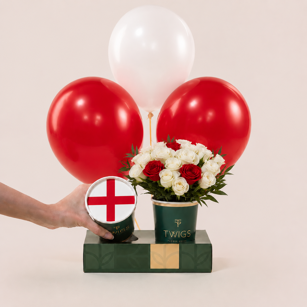 FIFA England: White and red rose bouquet with red and white balloons and England flag cake in cup, TWIGS Flower House