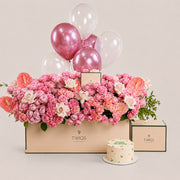 Blush Birthday Garden Bundle in beige box - Garden box with Juliet and Quicksand roses, 1kg floral birthday cake, and pink and white chrome balloons - TWIGS Flower House Dubai