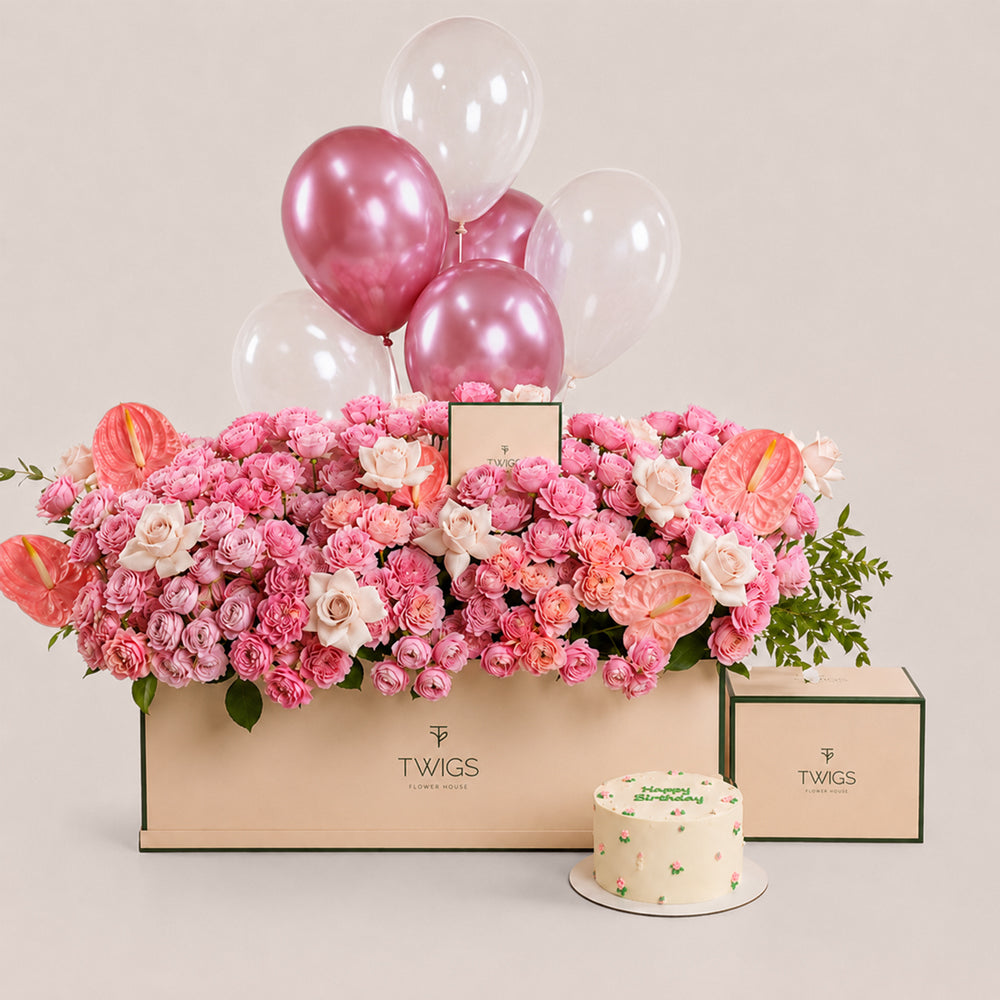 Blush Birthday Garden Bundle in beige box - Garden box with Juliet and Quicksand roses, 1kg floral birthday cake, and pink and white chrome balloons - TWIGS Flower House Dubai