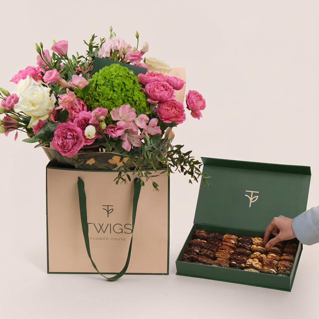 TWIGS Flower Bouquet of Blessings with Date Nut Box Bundle