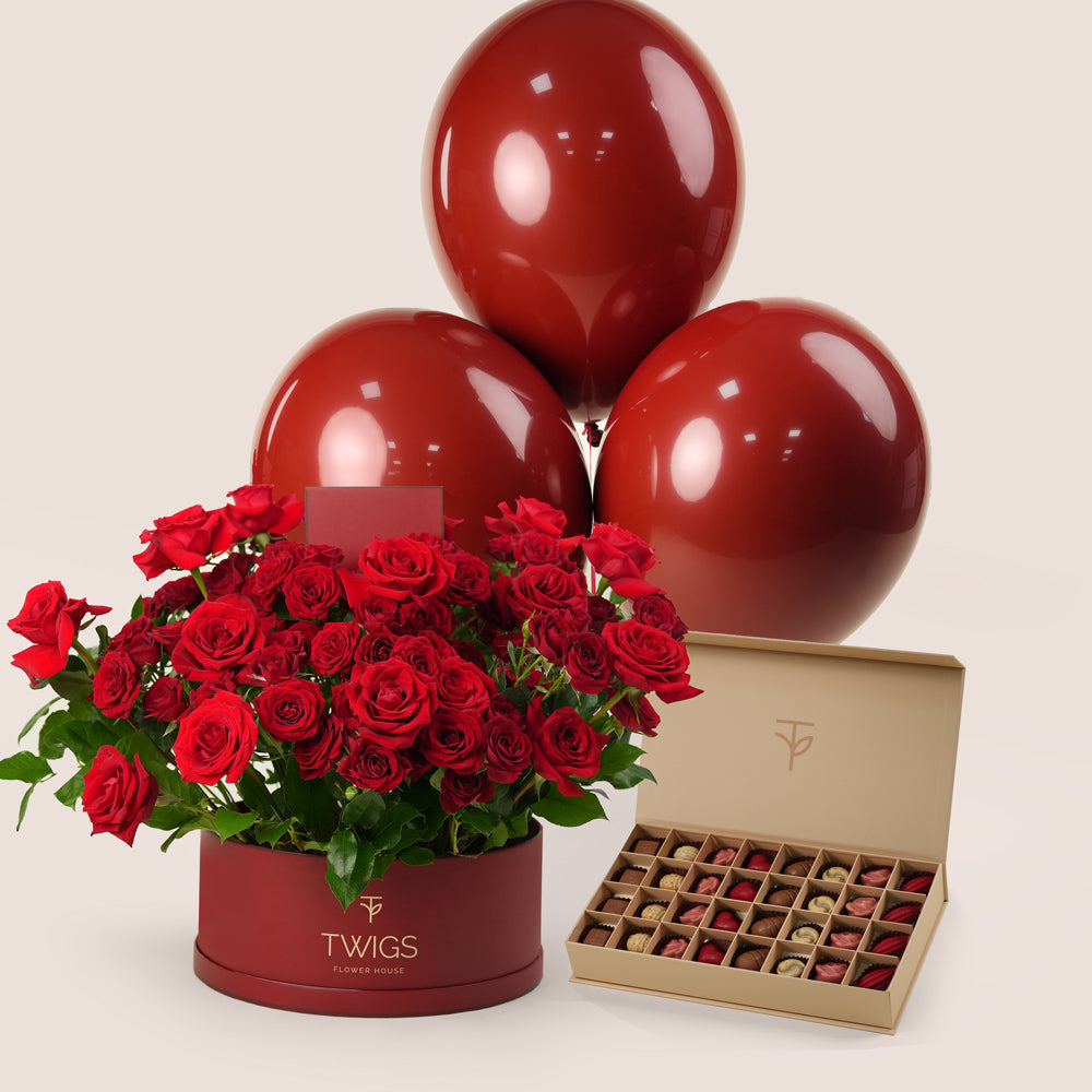 Luxury Red Roses Grande Round Box with Balloons & Chocolates – Valentine’s Day Flower Delivery in UAE