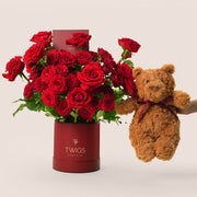 luxury red roses hat box with teddy bear valentine’s day flower delivery uae