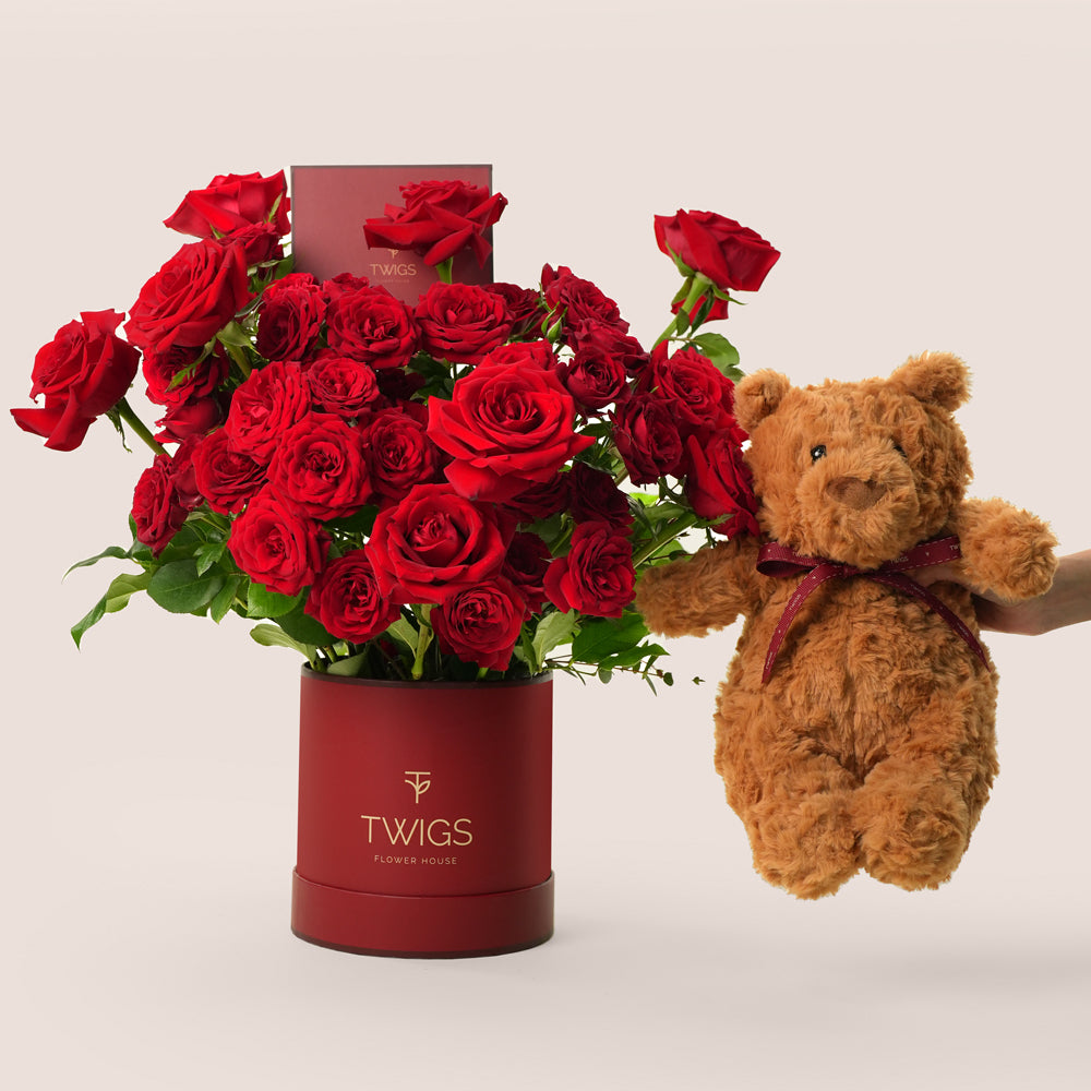 luxury red roses hat box with teddy bear valentine’s day flower delivery uae