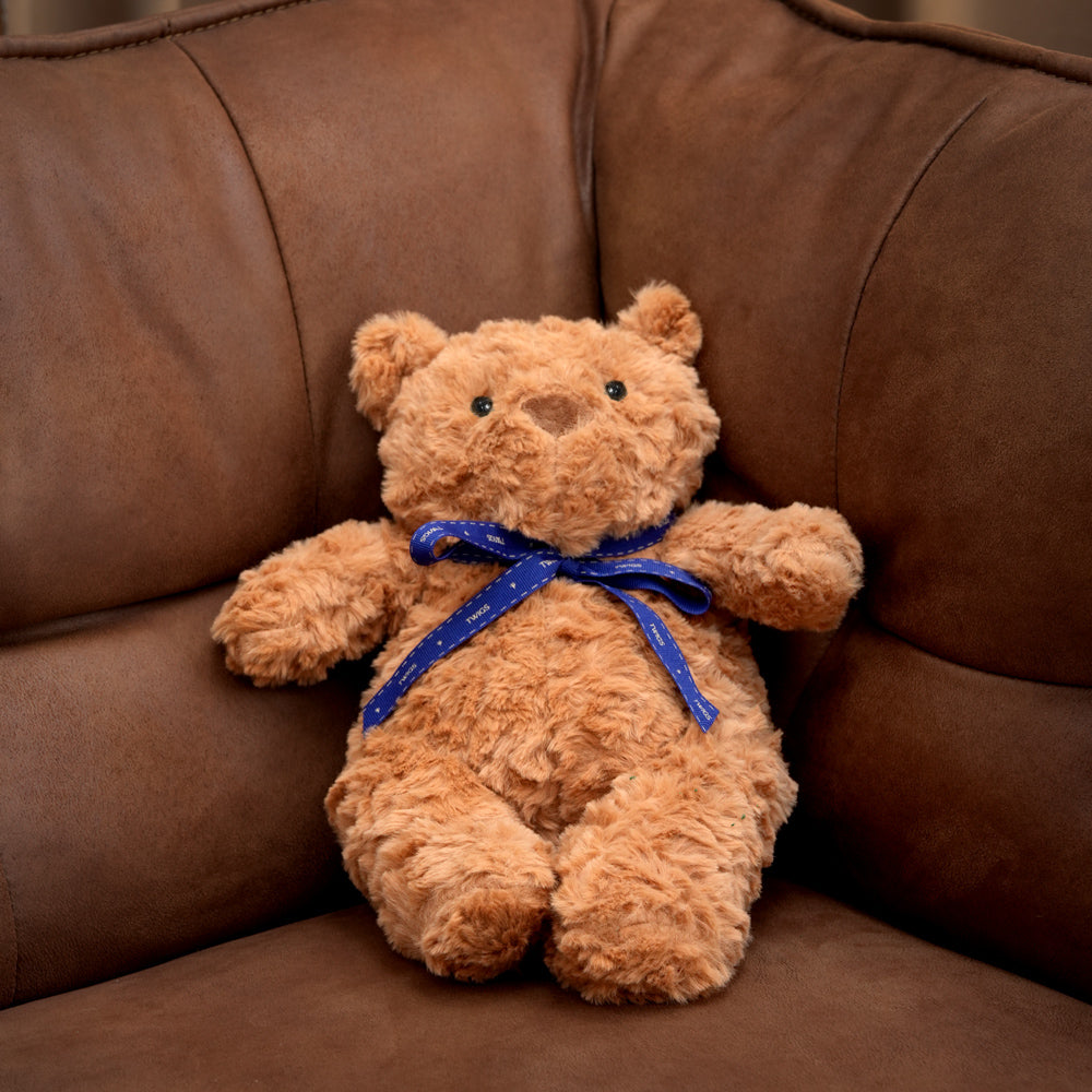 TWIGS Brown teddy bear with a blue ribbon sitting on a brown leather couch.