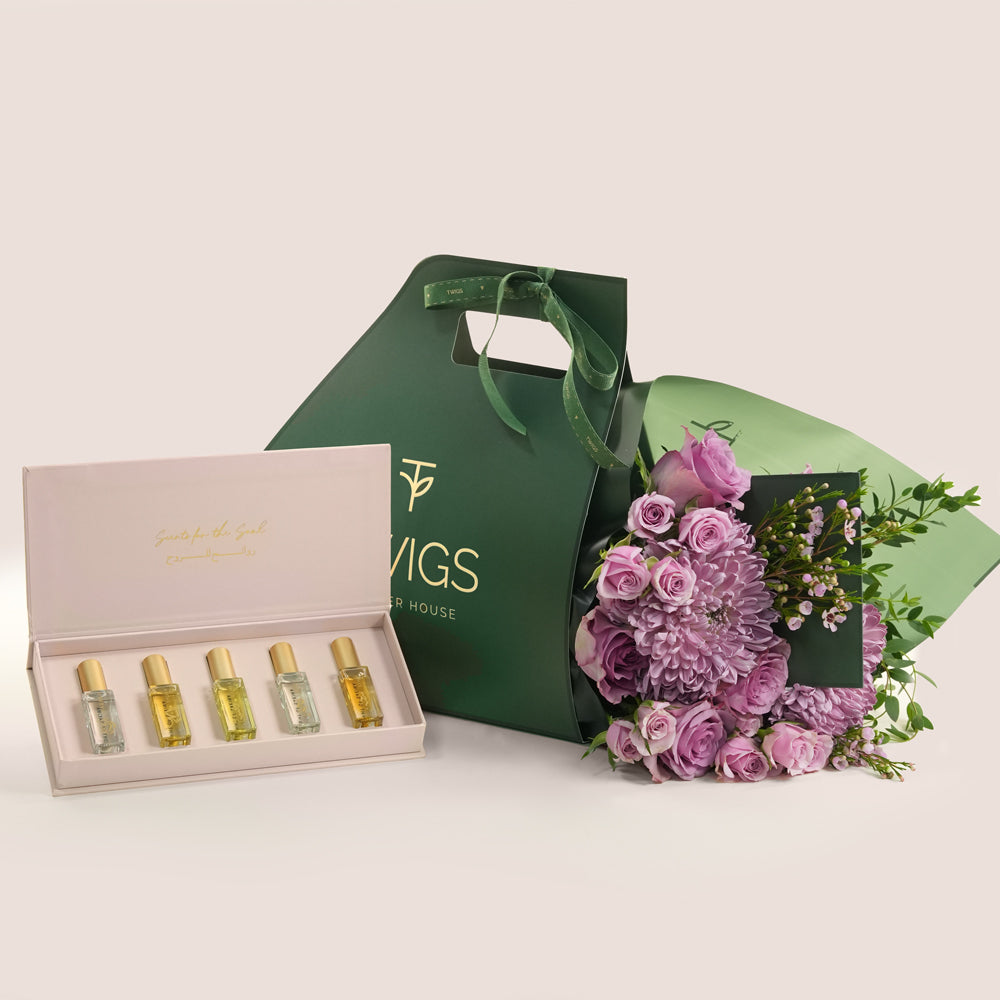 Emirati Women's Day lavender roses and purple chrysanthemums bunch bag bundled with Massarah perfume oil discovery set