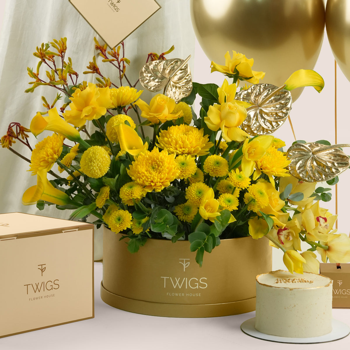 Solara Celebration, a vibrant yellow floral arrangement of calla lilies, chrysanthemums, roses, and gold anthurium leaves in a round TWIGS Gold box, paired with a 1kg cake and three gold chrome balloons.