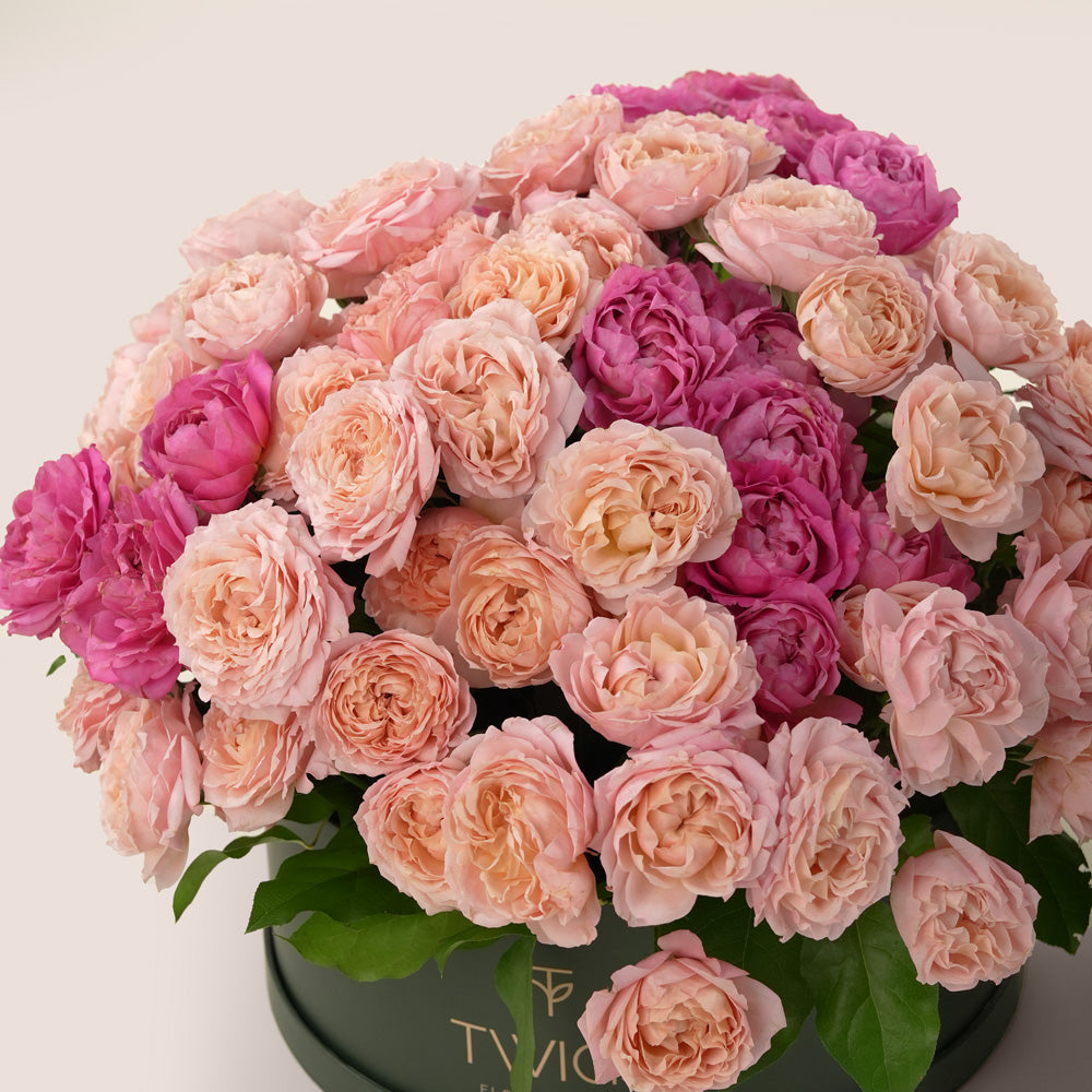 Grande round flower box with premium Juliet spray roses and cerise accents in TWIGS beige or green packaging, available for same day flower delivery in Dubai when you buy flowers online.
