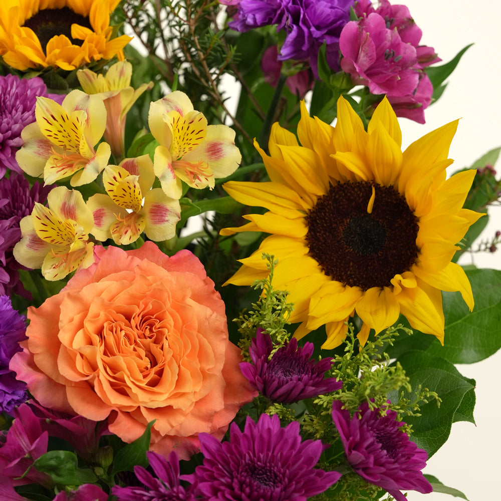 Festive grande round flower box with sunflowers, roses, alstroemerias, chrysanthemums, and wax flowers in TWIGS beige or green packaging, available for same day flower delivery in Abu Dhabi when you buy flowers online.