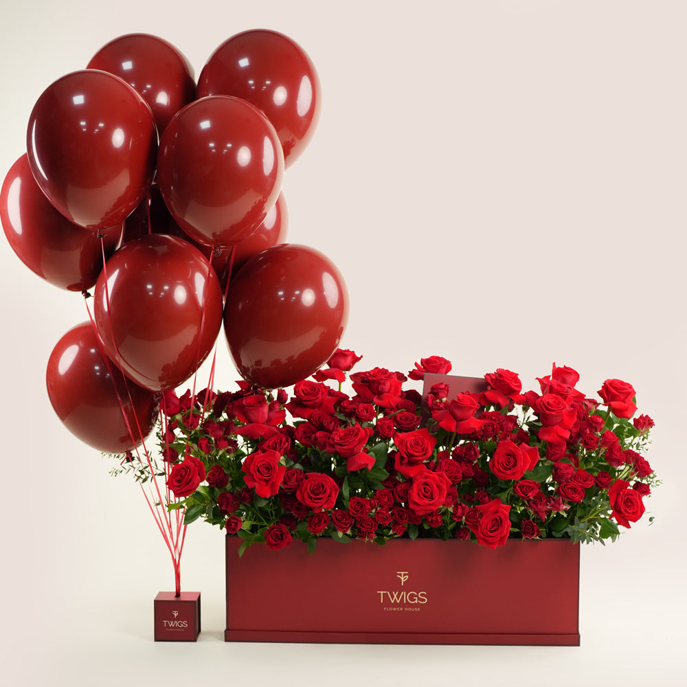 Luxury Red Roses Garden Box with Balloons – Valentine’s Day Flower Delivery in UAE