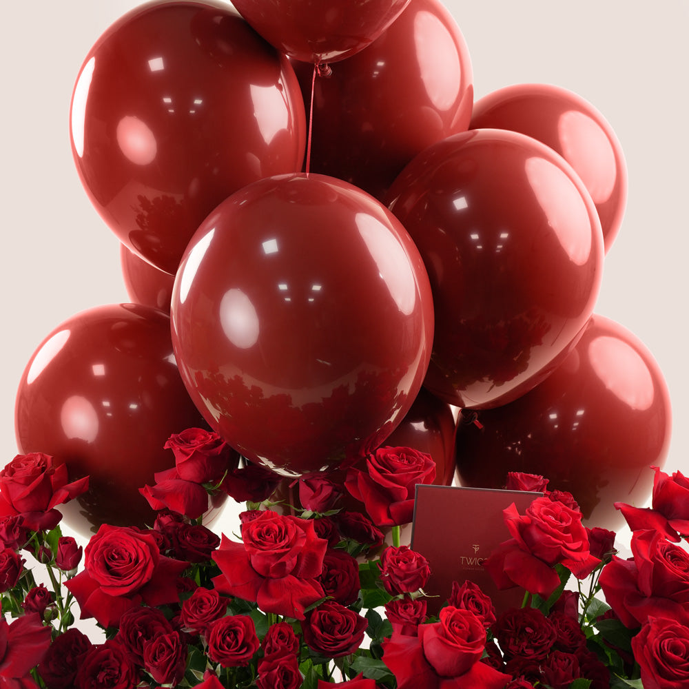 Luxury Red Roses Garden Box with Balloons – Valentine’s Day Flower Delivery in UAE