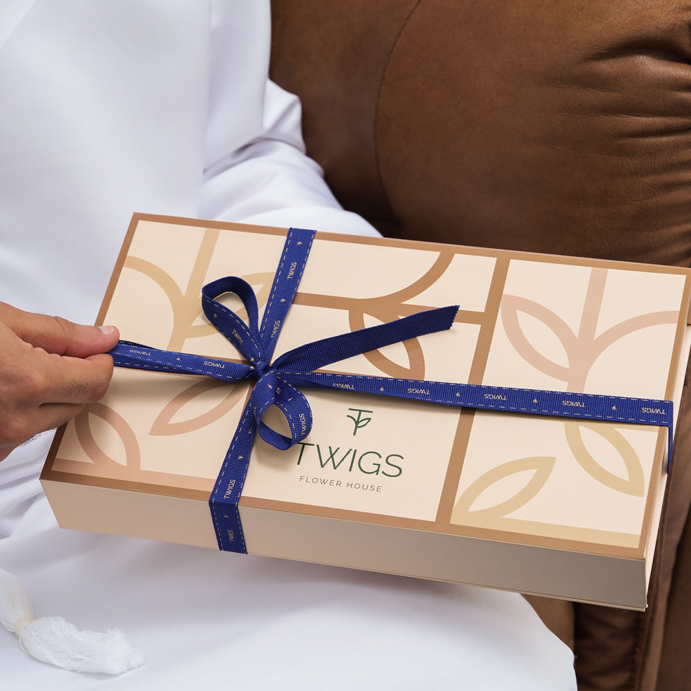 Gift box with blue ribbon and 'TWIGS' branding held by a person.