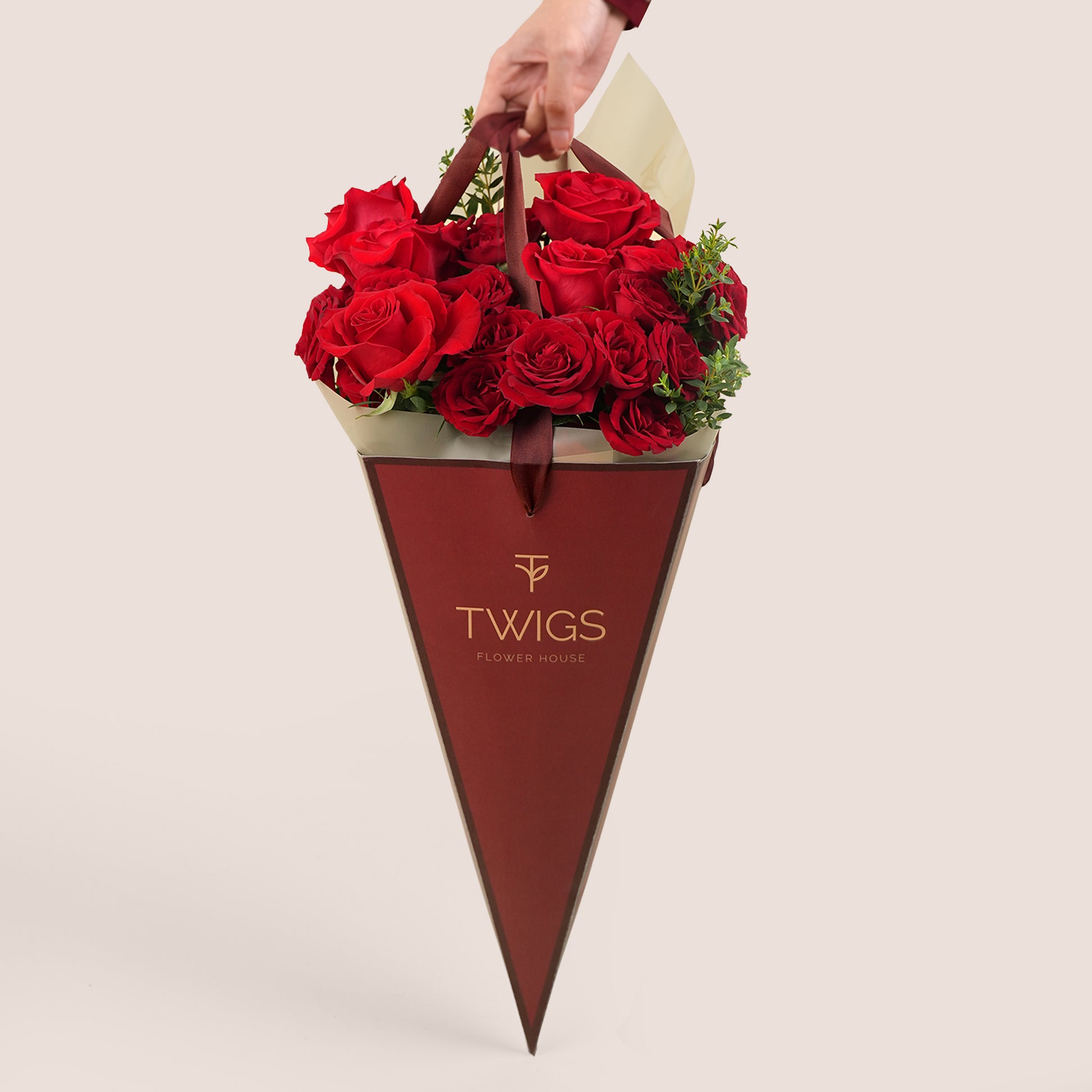 luxury red rose cone bouquet in burgundy gift bag valentine flowers uae