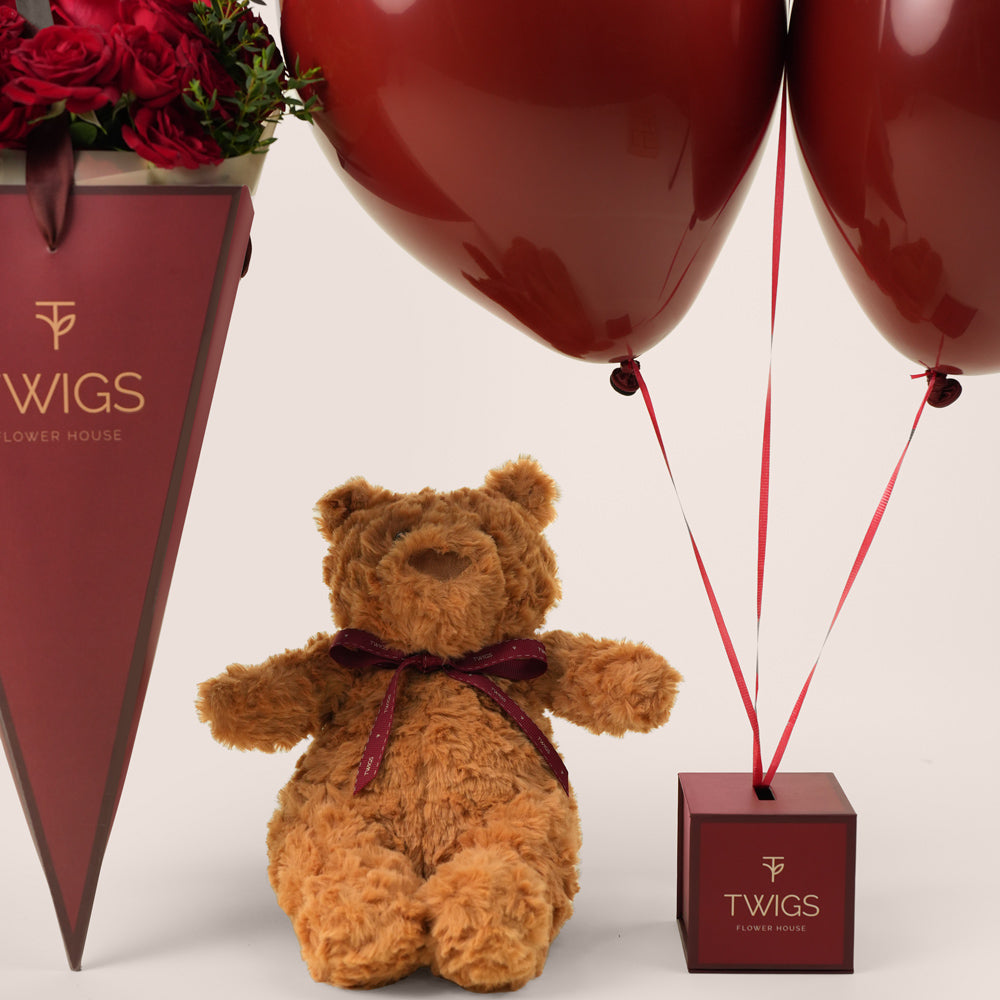 romantic red roses teddy and balloons gift set for flower delivery uae