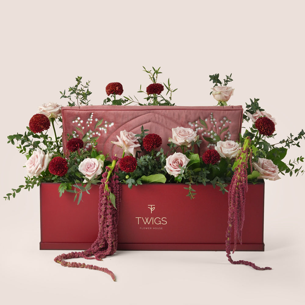 Luxury Ramadan garden box with Quicksand roses and burgundy chrysanthemums paired with velvety prayer mat – UAE same-day delivery