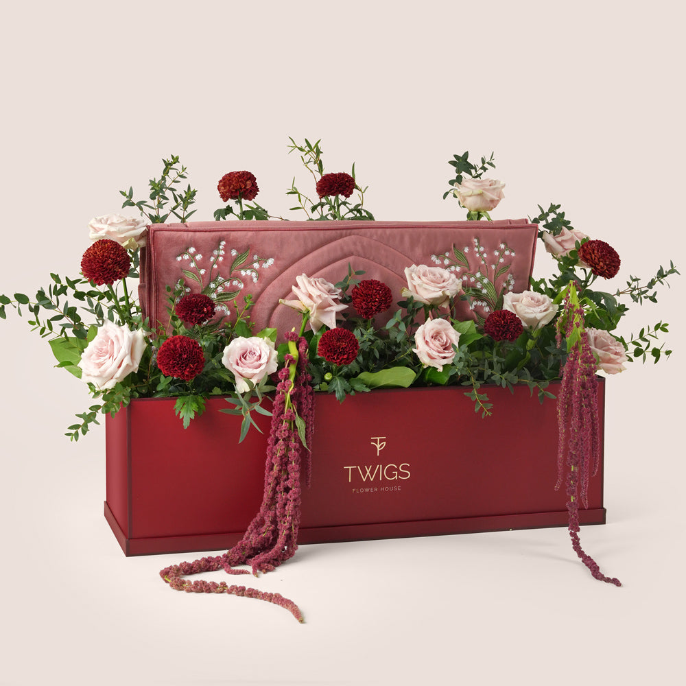 Luxury Ramadan garden box with Quicksand roses and burgundy chrysanthemums paired with velvety prayer mat – UAE same-day delivery
