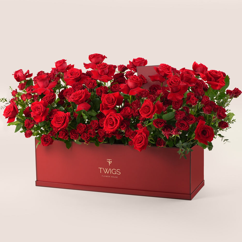Luxury Red Roses Garden Box with Balloons – Valentine’s Day Flower Delivery in UAE