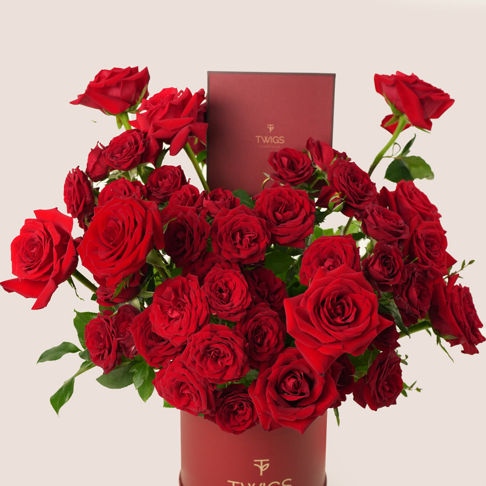 romantic red roses luxury hat box by TWIGS Dubai