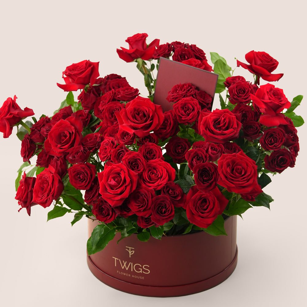 romantic red roses grande box arrangement twigs flower house