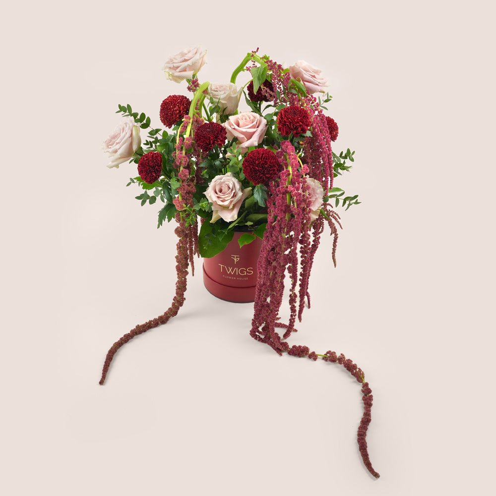 Luxury Ramadan flower arrangement with Quicksand roses, burgundy pompom chrysanthemums and purple amaranthus in TWIGS box – UAE delivery