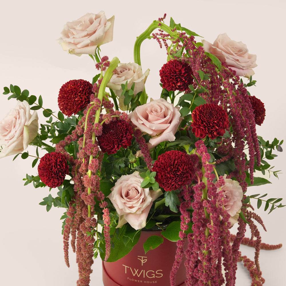 Luxury Ramadan flower arrangement with Quicksand roses, burgundy pompom chrysanthemums and purple amaranthus in TWIGS box – UAE delivery