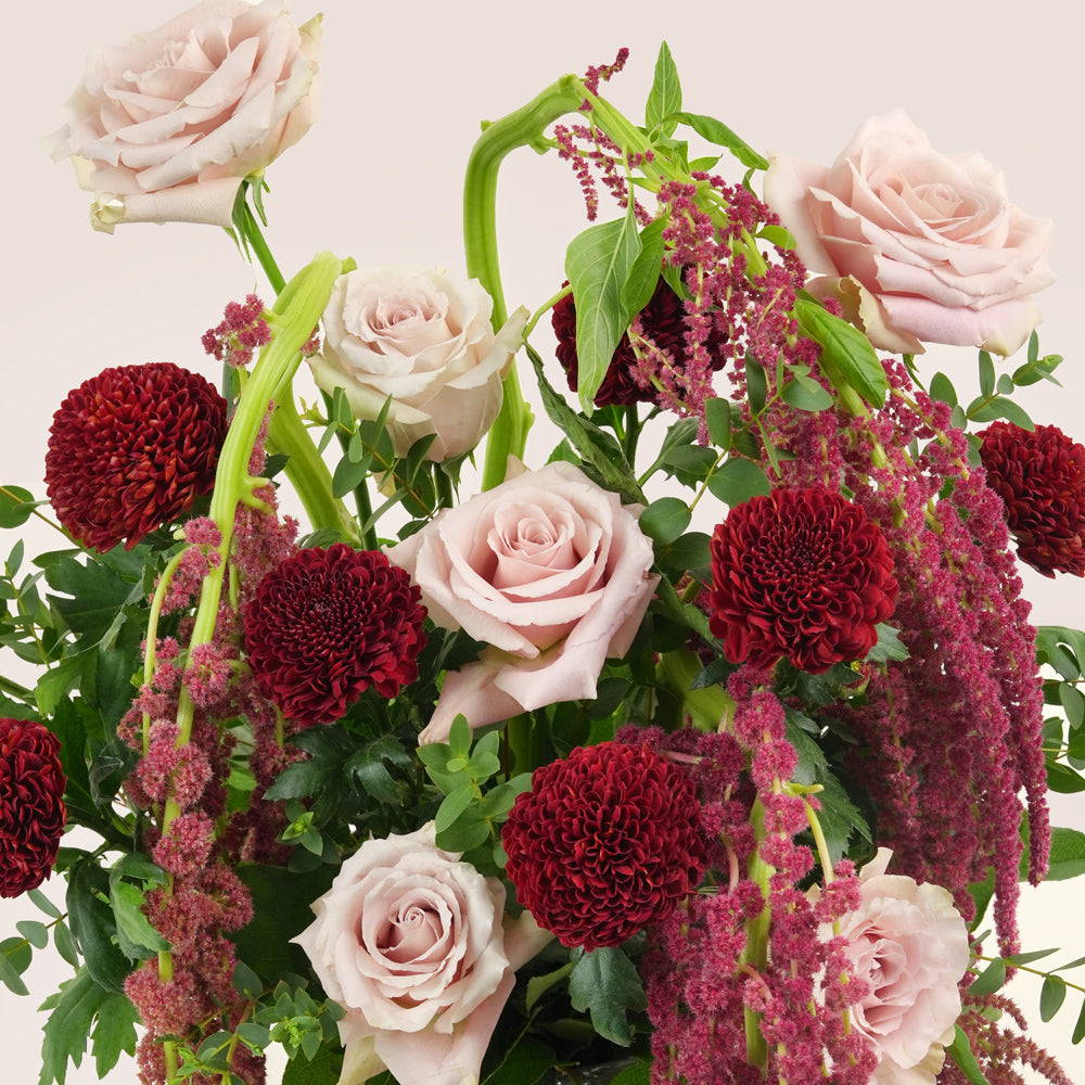 Luxury Ramadan flower arrangement with Quicksand roses, burgundy pompom chrysanthemums and purple amaranthus in TWIGS box – UAE delivery
